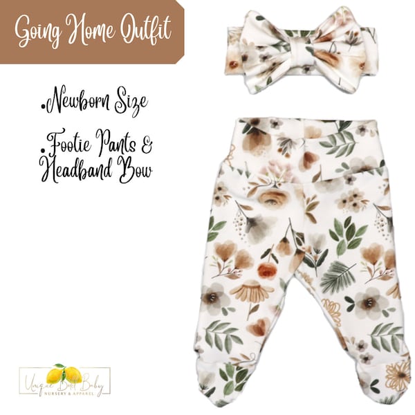 Sage Floral | Take Home Outfit | Newborn Outfit Set | Headband Bow | Footie Pants | Woodland Sage Florals | Muted Earth Tones | Girl Outfit