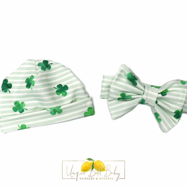 Shamrock Stripes | Irish | Hat Headband Bow | Gender Neutral | Gender Surprise | Newborn | Baby Shower Gift | Green | St Patrick’s Day