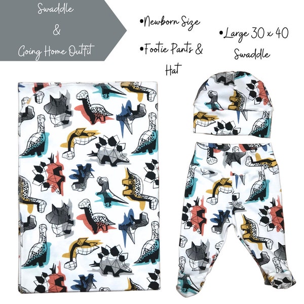 Geo Dino | Boy Swaddle Set | Take Home Outfit | Newborn Size | Footie Pants | Blue Yellow Red Green | Baby Shower Gift | Hat
