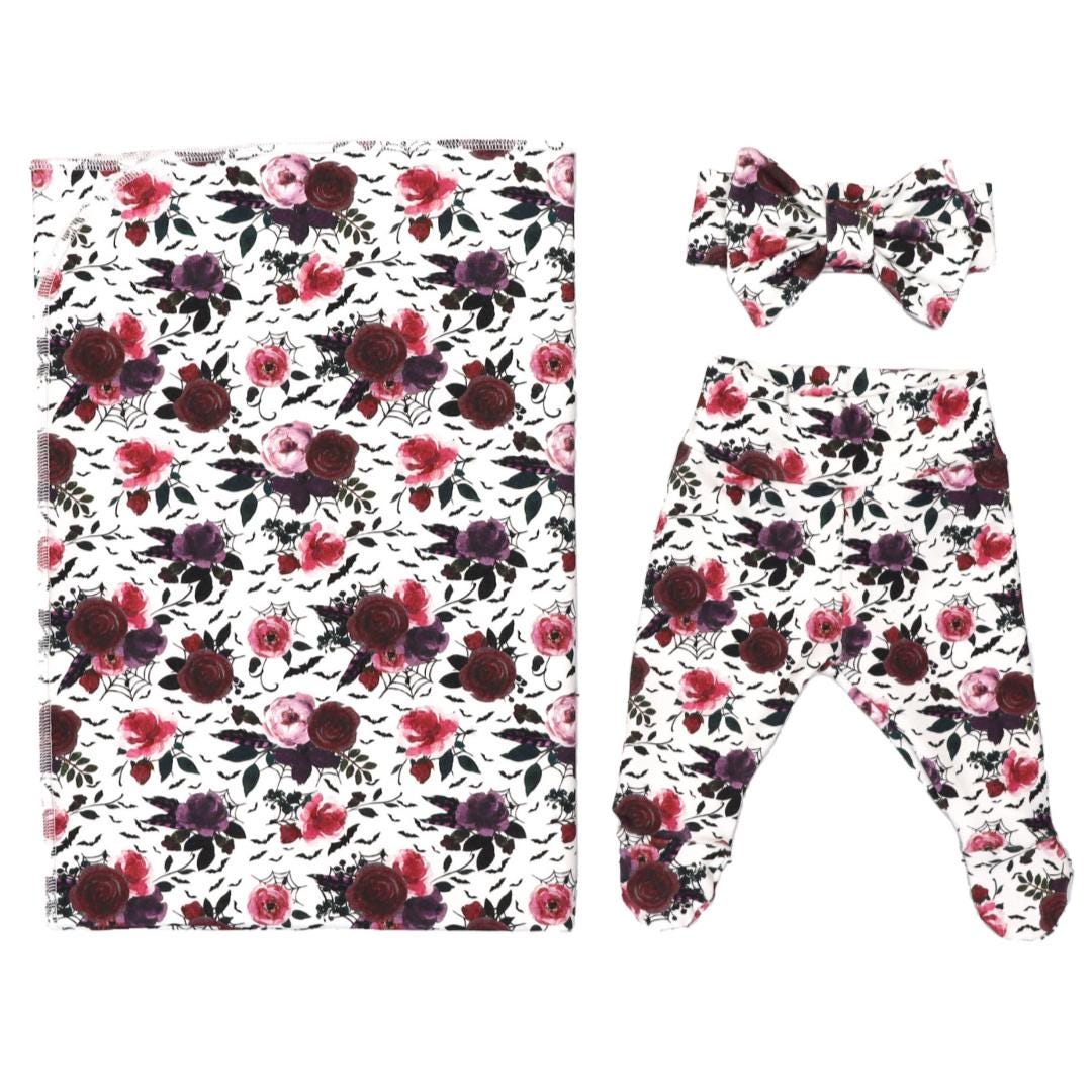 Morticia Swaddle + Outfit Set Girl Take Home Outfit Newborn Size Headband Bow Footie Pants Halloween Spiders Rose Bats