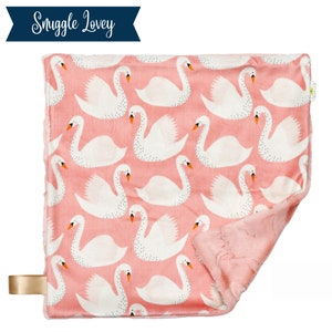 Swan Lake | Snuggle Lovey | 15x15 | Tag Blanket | Minky Lovey | Girl Nursery | Baby Shower Gift | Swan Princess | Baby Pink