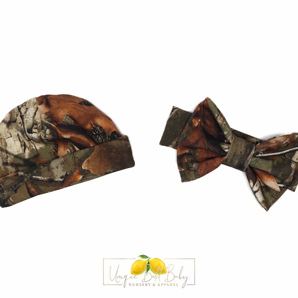 Camo | Hunter | Hat Headband Bow | Gender Neutral | Gender Surprise | Newborn | Baby Shower Gift | Hospital Hat | Camouflage