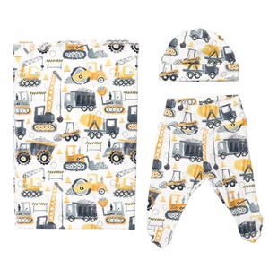 Construction Site | Take Home Outfit | Going Home Outfit | Boy Swaddle Set | Boy Baby Shower Gift | Swaddle Blanket | Newborn Hat | Muted