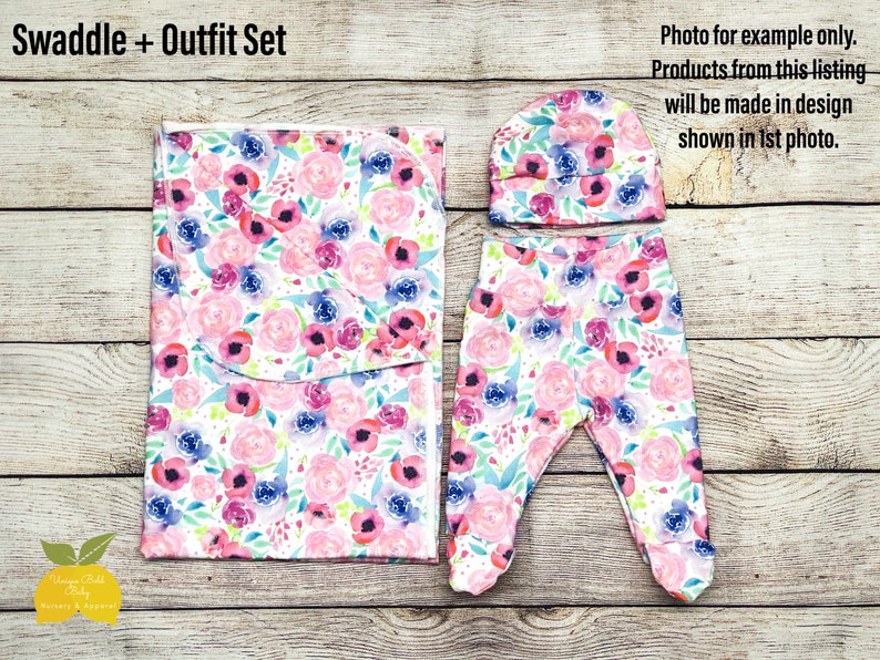 Footed Pants Girl Swaddle Newborn Outfit Set Baby Hat Beanie Swaddle Set Bright Blue Floral Swaddle Blanket Take Home Outfit