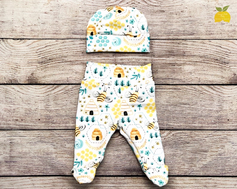 Headband Bow Gender Neutral Swaddle Set Swaddle Newborn Outfit Set Honey Bee Yellow Teal Take Home Outfit Footed Pants