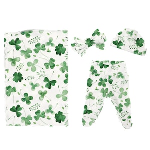 Shamrock Fern - Handmade Cotton Swaddle + Outfit Set | Newborn Size | Gender Neutral | St Patrick, Irish | Footie Pants, Hat, Bow