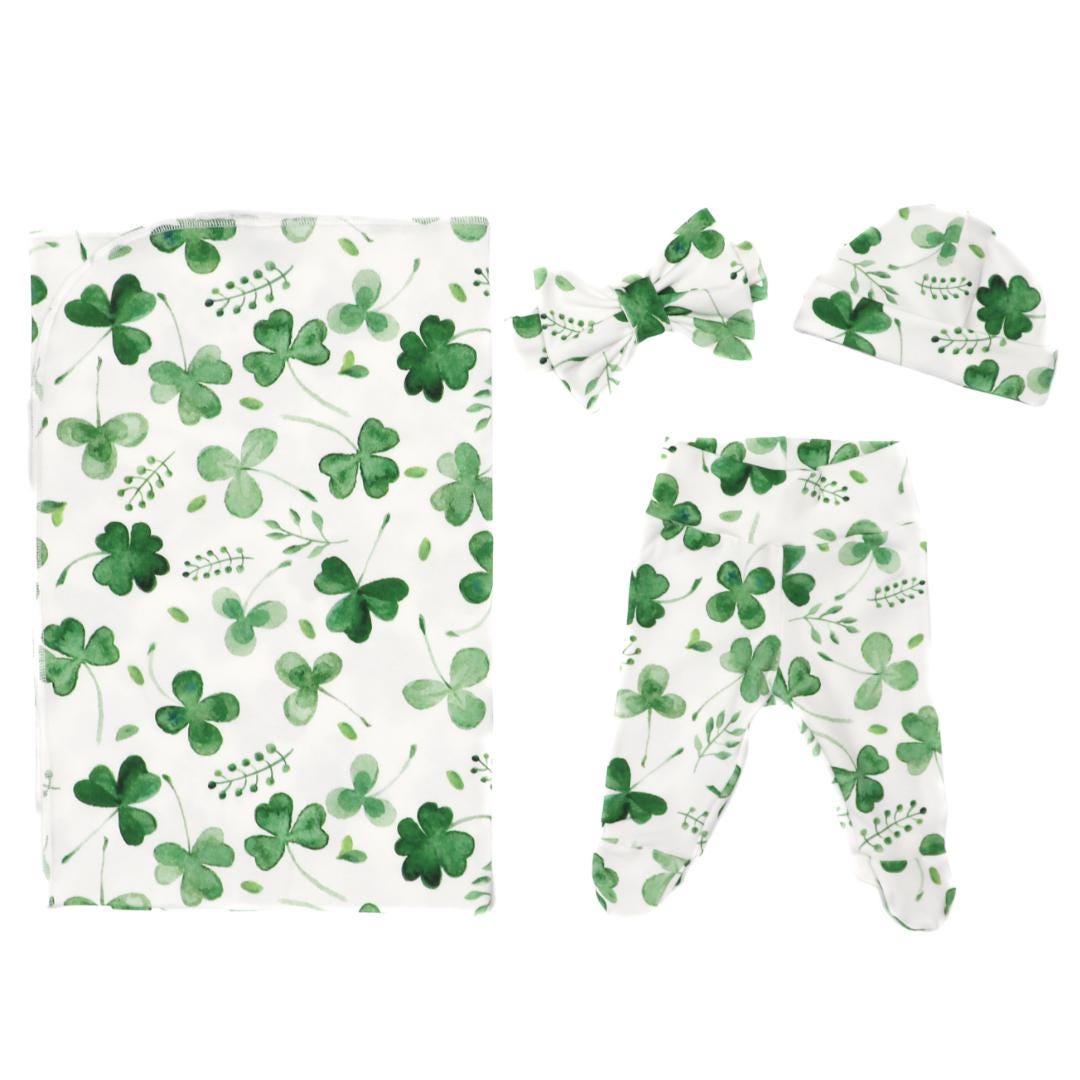 Shamrock Fern - Handmade Cotton Swaddle + Outfit Set Newborn Size Gender Neutral St Patrick, Irish Footie Pants, Hat, Bow