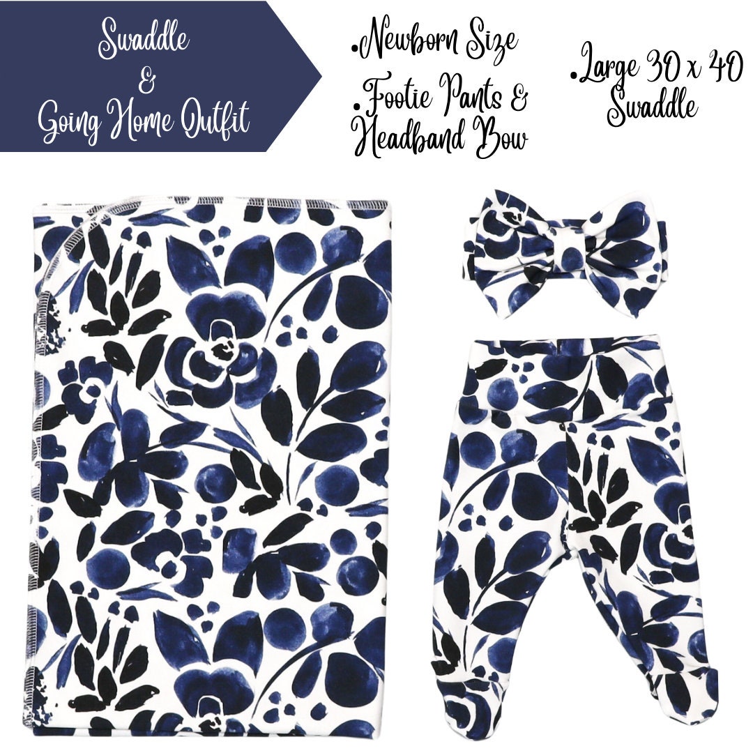 Navy Floral Girl Swaddle Set Swaddle Newborn Outfit Set Etsy