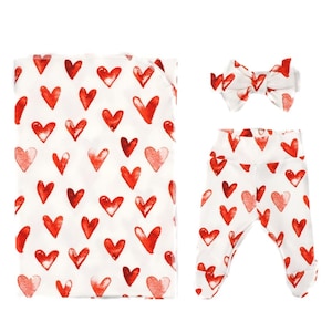 Heart Throb - Handmade Cotton Swaddle + Outfit Set | Newborn Size | Footie Pants, Hat or Bow, Swaddle Blanket | Girl Valentine