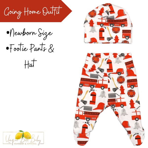 Fire Truck | Take Home Outfit | Baby Hat Beanie | Pants With Feet | Newborn Size | Fireman | Firefighter | Baby Shower Gift | Baby Boy