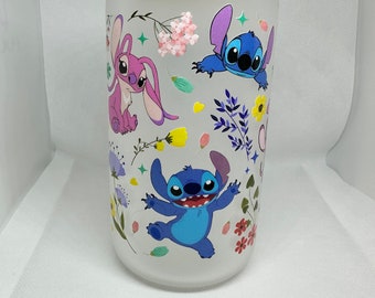 Cute disney cup - frosted or clear Libby style glass cup - stitch Mickey Pooh cups