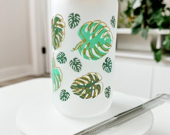 Boho / floral / plant Libby style frosted glass cup - boho glass beer cans