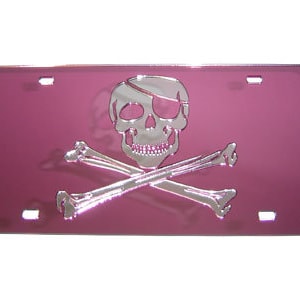 Pirate Skull Pink Crossbones Acrylic Laser cut Mirrored License Plate