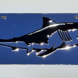 Great White Shark Power Totem Spirit mirrored acrylic laser cut license plate