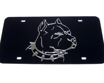 Black Pit Bull American dog breed canine mirrored acrylic laser cut license plate