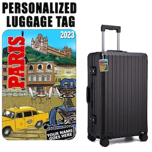 Personalized Paris Luggage Tag, Ideal Travel Gift Tag for your European Vacation Suitcase or Carry On, ID Label comes with 6&quot; loop