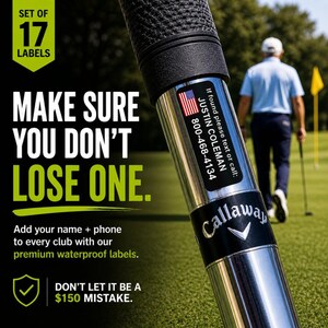 K&ouml;nnte beinhalten: Ein Golfschl&auml;ger mit schwarzem Griff und silbernem Schaft, mit einem Etikett mit der amerikanischen Flagge, dem Namen "JUSTIN COLEMAN" und einer Telefonnummer. Der Text auf dem Bild lautet "MAKE SURE YOU DON'T LOSE ONE."