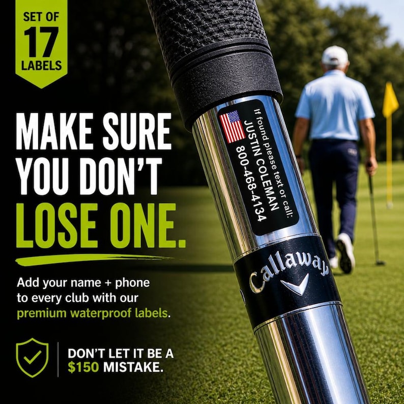 K&ouml;nnte beinhalten: Ein Golfschl&auml;ger mit schwarzem Griff und silbernem Schaft, mit einem Etikett mit der amerikanischen Flagge, dem Namen "JUSTIN COLEMAN" und einer Telefonnummer. Der Text auf dem Bild lautet "MAKE SURE YOU DON'T LOSE ONE."
