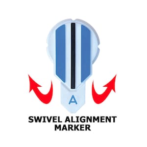 Peut inclure: Un marqueur d'alignement pivotant blanc avec des rayures bleues et une ligne noire au centre. Le marqueur porte la lettre "A". Deux flèches rouges pointent vers le marqueur, indiquant qu'il peut être tourné.
