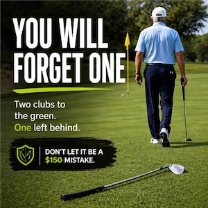 K&ouml;nnte beinhalten: Ein Golfplatz mit einem Mann, der sich von der Kamera entfernt und einen Golfschl&auml;ger h&auml;lt. Der Text lautet "YOU WILL FORGET ONE" und "DON'T LET IT BE A $150 MISTAKE."