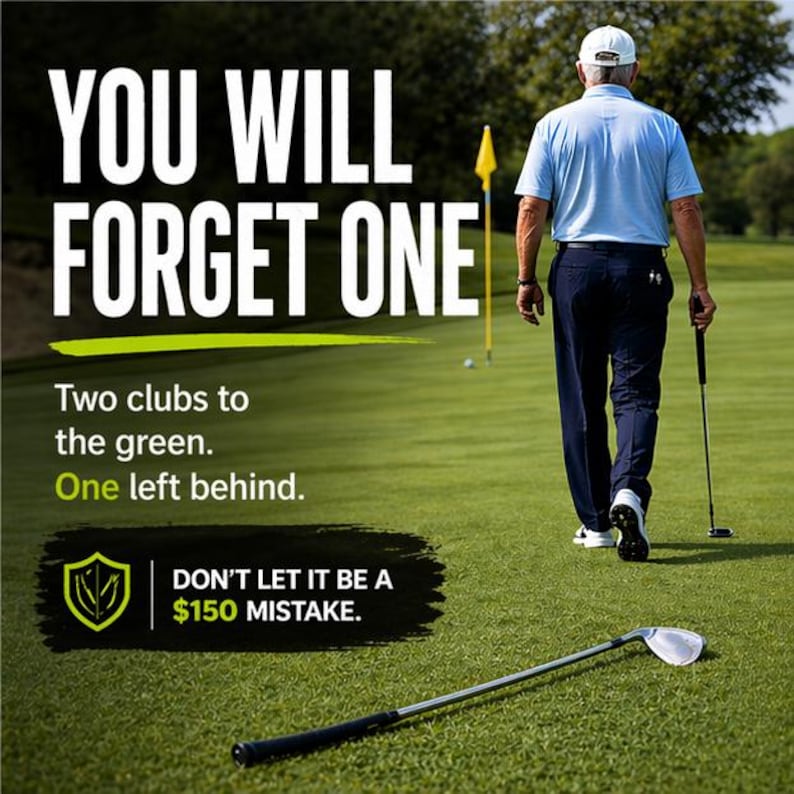 K&ouml;nnte beinhalten: Ein Golfplatz mit einem Mann, der sich von der Kamera entfernt und einen Golfschl&auml;ger h&auml;lt. Der Text lautet "YOU WILL FORGET ONE" und "DON'T LET IT BE A $150 MISTAKE."