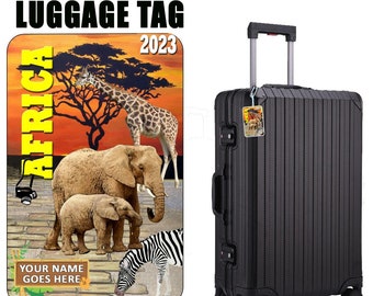 Personalized Africa Luggage Bag Tag, Ideal Travel Gift Tag for your Safari Adventure Suitcase or Carry On, ID Label comes with 6" loop