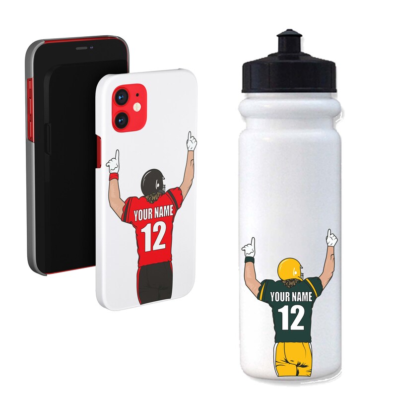 May include: Two phone cases and a water bottle with a customisable design featuring a football player with the text "YOUR NAME" and the number "12". The phone cases are white with a black outline and the water bottle is white.
