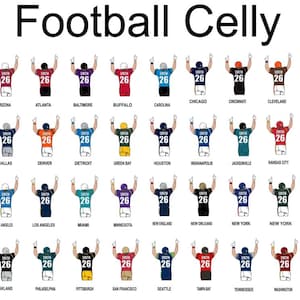 May include: A graphic illustration of a football player celebrating a touchdown, wearing a jersey with the name "SMITH" and the number "26" on the back. The jersey is shown in different colours representing the different teams in the NFL.