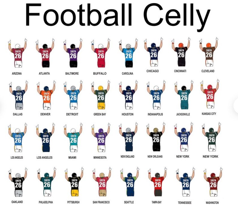 May include: A graphic illustration of a football player celebrating a touchdown, wearing a jersey with the name "SMITH" and the number "26" on the back. The jersey is shown in different colours representing the different teams in the NFL.