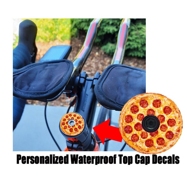 Personalized Bicycle Pizza Headset Top Cap Decal Set of 4 | Mountain or Road Bike | Ideal Custom Bike Accessory Decal that won't peel off