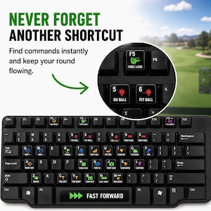 May include: A black computer keyboard featuring custom multi-coloured keycaps with golf-themed icons and text labels. The keys include specific commands like 'GO BALL', 'FLY BALL', 'FREE LOOK', and 'FAST FORWARD' on the spacebar, designed for golf simulation software.