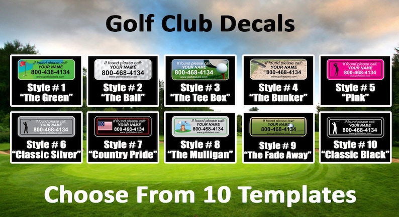 K&ouml;nnte beinhalten: Golfclub-Aufkleber mit zehn verschiedenen Designs, jeweils mit einem einzigartigen Design und dem Text "If found please call YOUR NAME" und einer Telefonnummer. Stile umfassen "The Green", "The Ball" und "Pink".