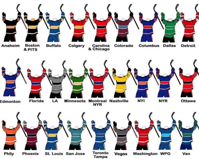 May include: A graphic showing the back of hockey jerseys for all NHL teams. The jerseys are in their team colors and have the team name or abbreviation on the back.