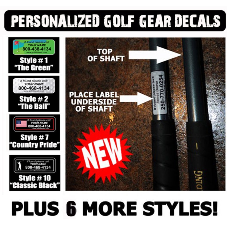 K&ouml;nnte beinhalten: Bild von personalisierten Golf-Ausr&uuml;stungsaufklebern. Das Bild zeigt verschiedene Aufkleberstile, darunter "The Green", "The Ball", "Country Pride" und "Classic Black". Die Aufkleber sind f&uuml;r die Anbringung auf Golfschl&auml;gersch&auml;ften konzipiert. Der Text "NEW" und "PLUS 6 MORE STYLES!" ist ebenfalls enthalten.