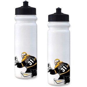 May include: Two white water bottles with black lids and a hockey goalie graphic on each side. The goalie is wearing a black and yellow uniform with the number 31 on the back. The text "YOUR NAME" is printed above the number.