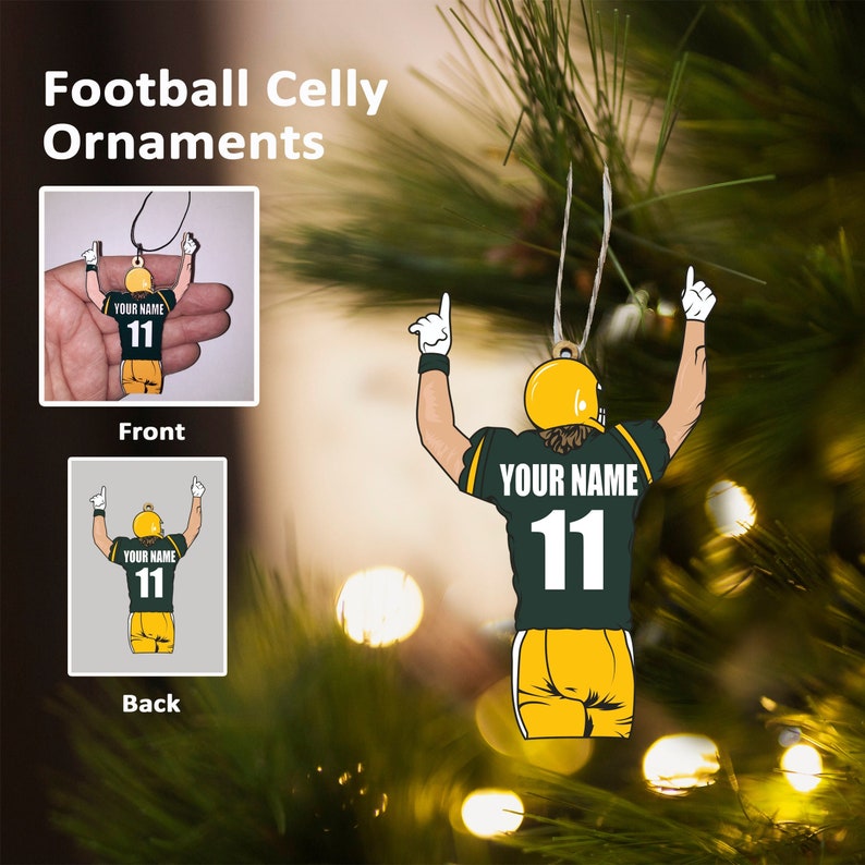 May include: Green and yellow football player Christmas ornament with the text "YOUR NAME 11" on the back.