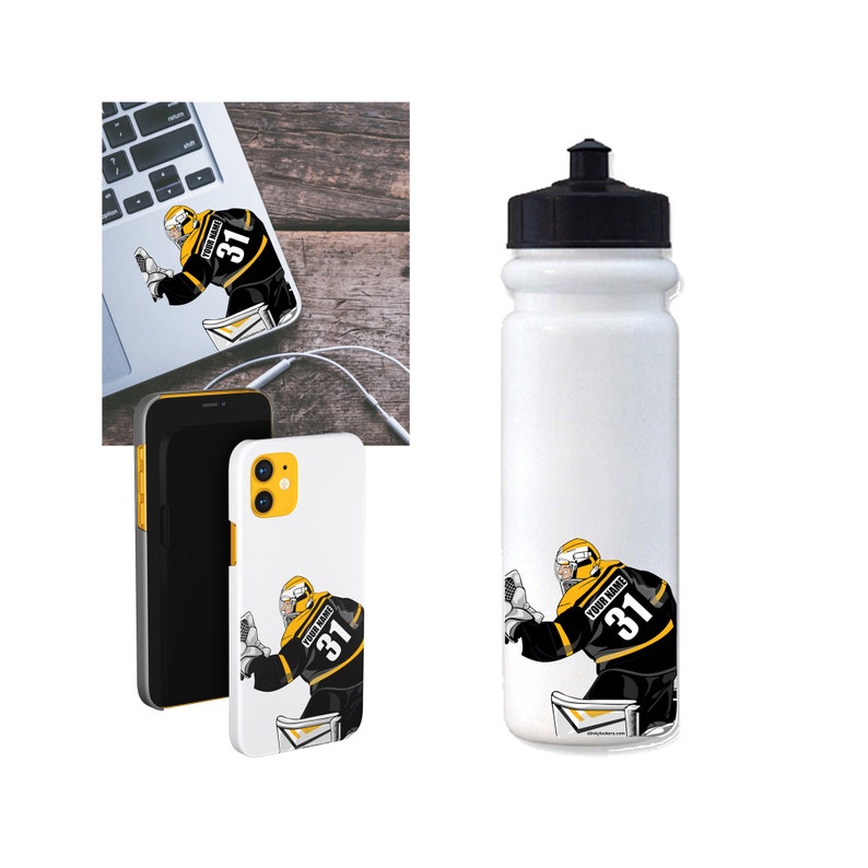 May include: A white water bottle with a black lid and a black and yellow hockey player graphic. The graphic features the text "YOUR NAME" and the number "31".