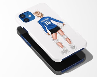 May include: White phone case with a blue and white volleyball player illustration. The player is wearing a blue jersey with the number 16 and the name "MCDONALD" on the back.