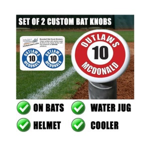 May include: Set of two custom baseball bat knobs with a red and white sticker that says "OUTLAWS 10 MCDONALD". The stickers are designed to be placed on bats, water jugs, helmets, and coolers.