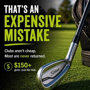 K&ouml;nnte beinhalten: Ein Golfschl&auml;ger mit dem Text "Titleist T200" auf dem Schl&auml;gerkopf. Das Bild hat den Text "THAT'S AN EXPENSIVE MISTAKE" in gro&szlig;en gr&uuml;nen Buchstaben. Der Text "Clubs aren't cheap. Most are never returned. $150+ gone. Just like that." ist ebenfalls vorhanden.