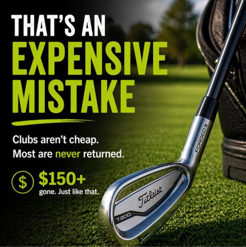 K&ouml;nnte beinhalten: Ein Golfschl&auml;ger mit dem Text "Titleist T200" auf dem Schl&auml;gerkopf. Das Bild hat den Text "THAT'S AN EXPENSIVE MISTAKE" in gro&szlig;en gr&uuml;nen Buchstaben. Der Text "Clubs aren't cheap. Most are never returned. $150+ gone. Just like that." ist ebenfalls vorhanden.