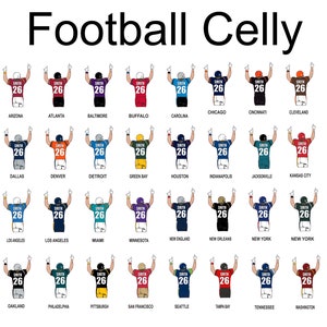 Puede incluir: Una ilustraci&oacute;n gr&aacute;fica de 26 equipos de f&uacute;tbol diferentes con un jugador de cada equipo celebrando un touchdown. Cada jugador lleva una camiseta con los colores y el logotipo del equipo, y el n&uacute;mero 26 en la espalda. El texto "Football Celly" est&aacute; en la parte superior de la imagen.
