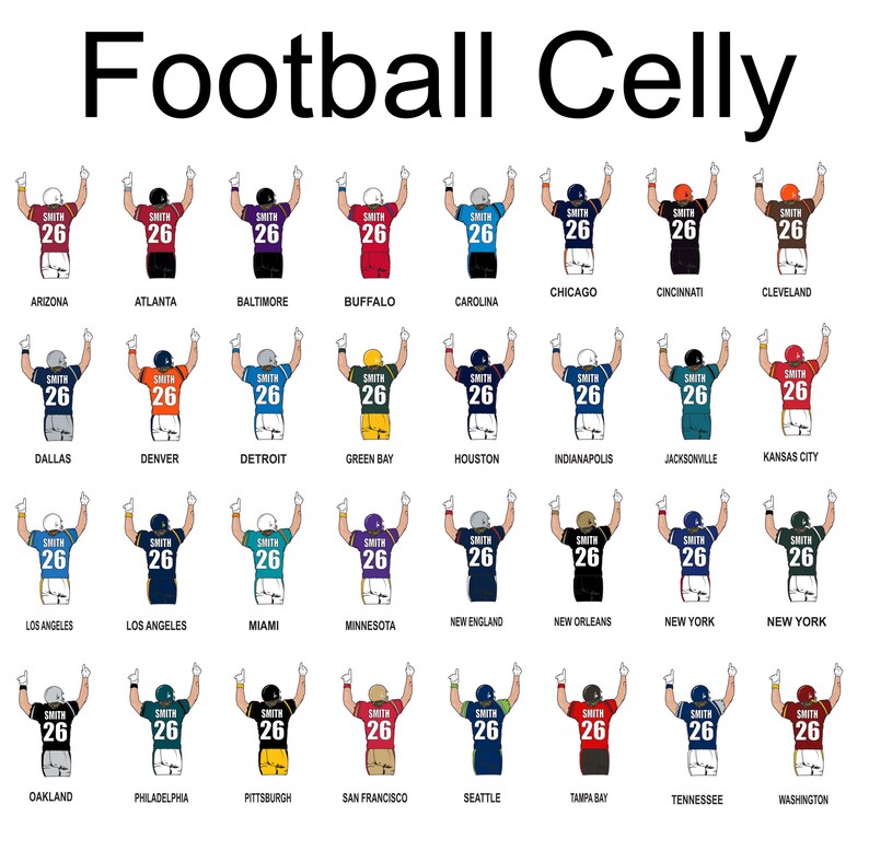 Puede incluir: Una ilustraci&oacute;n gr&aacute;fica de 26 equipos de f&uacute;tbol diferentes con un jugador de cada equipo celebrando un touchdown. Cada jugador lleva una camiseta con los colores y el logotipo del equipo, y el n&uacute;mero 26 en la espalda. El texto "Football Celly" est&aacute; en la parte superior de la imagen.