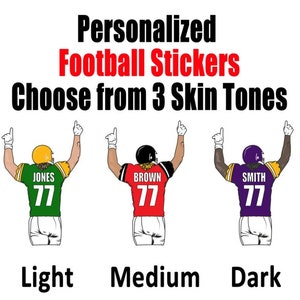 May include: Three football player stickers with different skin tones. The player on the left is wearing a green jersey with the name "JONES" and the number "77". The player in the middle is wearing a red jersey with the name "BROWN" and the number "77". The player on the right is wearing a purple jersey with the name "SMITH" and the number "77".