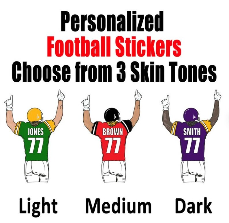 May include: Three football player stickers with different skin tones. The player on the left is wearing a green jersey with the name "JONES" and the number "77". The player in the middle is wearing a red jersey with the name "BROWN" and the number "77". The player on the right is wearing a purple jersey with the name "SMITH" and the number "77".