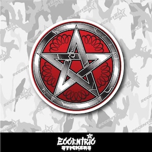 May include: A red and white pentagram sticker with a black and white spiral design. The sticker is round and has a white border.