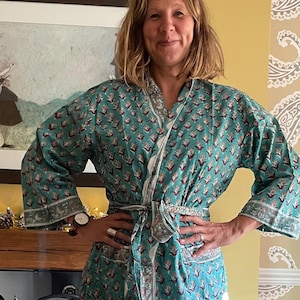 Teal Cotton Kimono Robes for Women Indian Dressing Gown Unisex Blockprint Beach Cover ups Bridesmaid Gifts