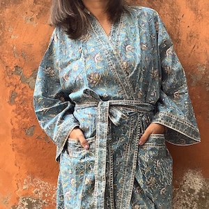 Block-Print-Baumwolle Kimono Roben für Frauen Indischer Morgenmantel Unisex Blockprint-Strandvertuschungen Brautjungfer Geschenke