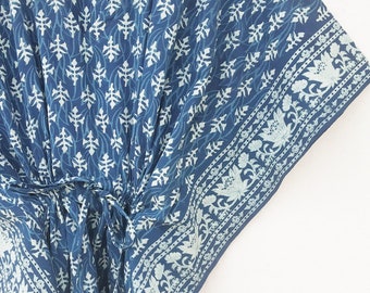 Summer Cotton Kaftan, Blue beach cover loungewear, Indigo Block print Resort wear, Indian blockprint caftan, Moroccan kaftan,Loose Kimono