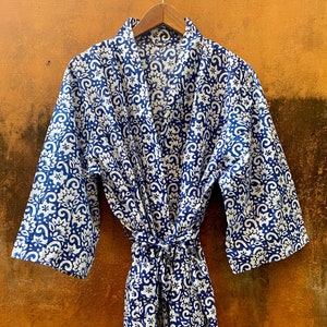 Cotton Block Print Kimono Robe - Cotton Kimono - Beach Cover Up - Lounge Wear - Plus size robe-Casual wear - Kimono - Night Cover Up Robe